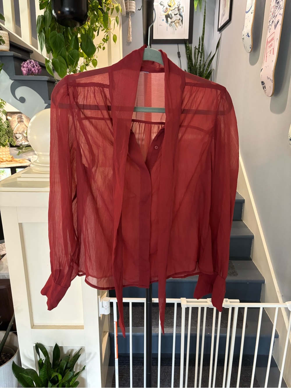 Sheer Burnt Orange Tie-Neck Blouse - Women's Top